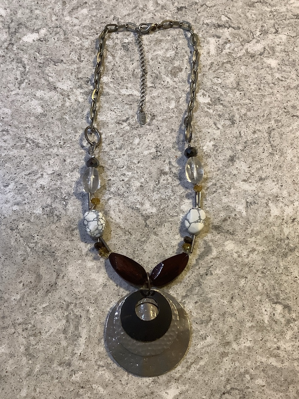 Laura Ashley Silver-Tone Disc Necklace with Brown and White Accents